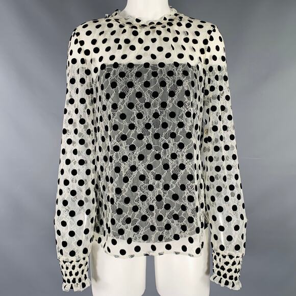 AKRIS Size 4 Off White Black Viscose Blend Polka Dot Collarless Blouse - Picture 1 of 8